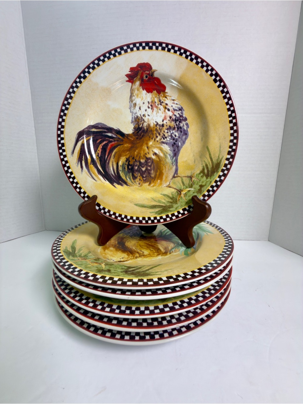 Sakura Rooster Motif Ceramic Desert Salad Snack Luncheon Plates 6pc. Vintage.